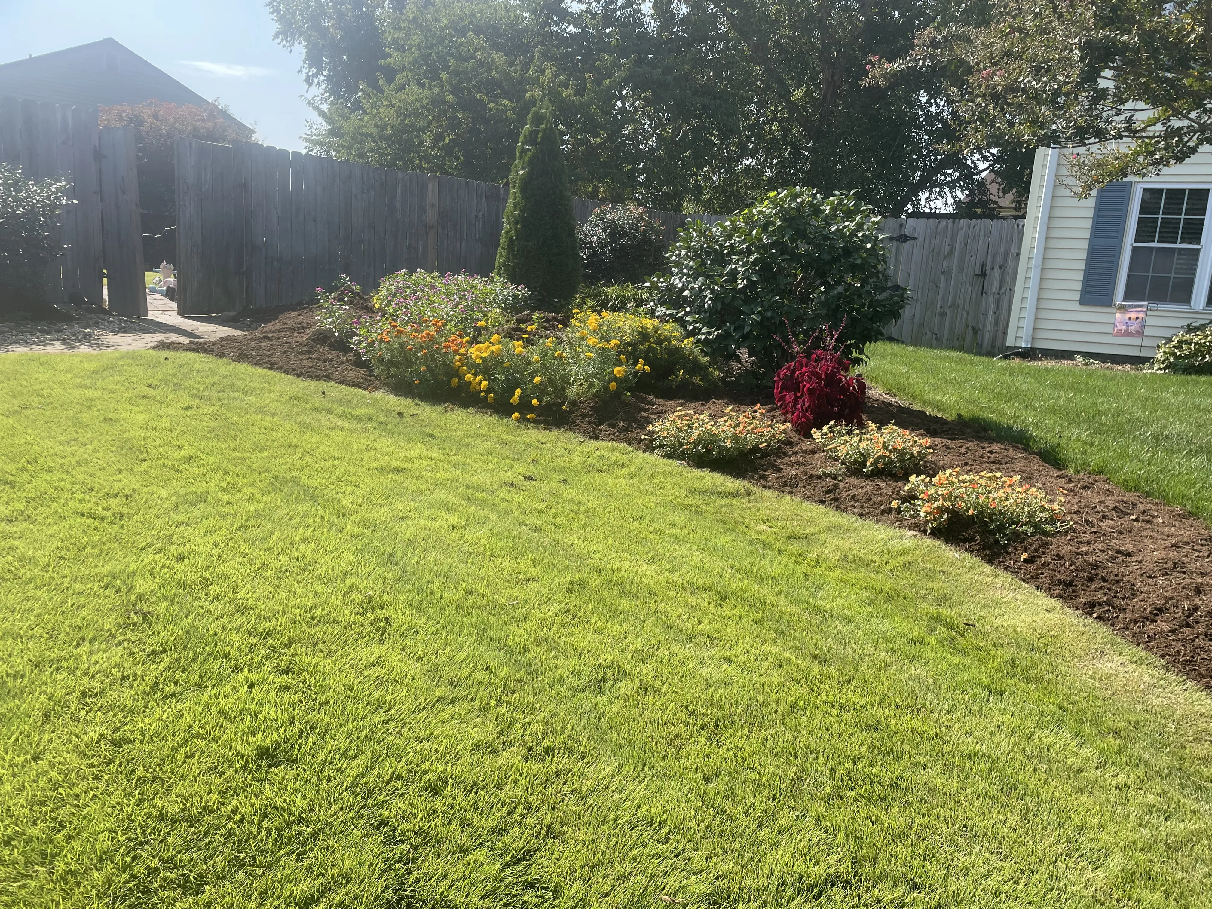 Well-maintained lawn with colorful flowers